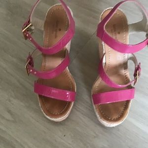 Hot pink Kate Spade espadrille heels with orange and tan heels